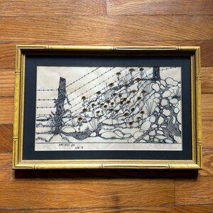 Vintage MCM Mixed Media Drawing Sine 1978 Mother Natures Gold Bamboo Framed